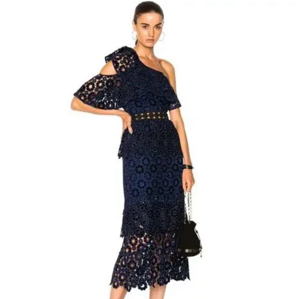 Self-Portrait Dark Blue One-Shoulder Lace Dress